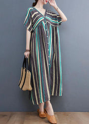 Simple Green Striped V Neck Patchwork Cotton Linen Long Dress - SooLinen