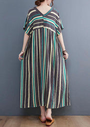 Simple Green Striped V Neck Patchwork Cotton Linen Long Dress - SooLinen