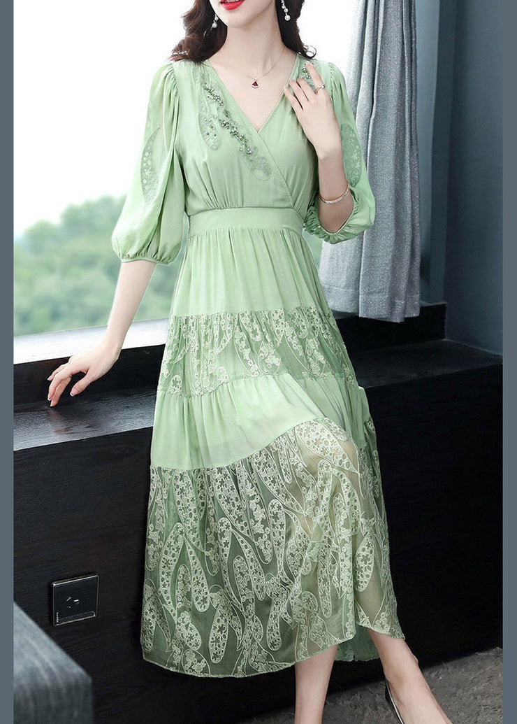 Simple Green V Neck Embroidered Floral Elastic Waist Silk Long Dress Short Sleeve