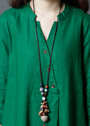 Simple Green V Neck Pockets Patchwork Linen Dress Fall