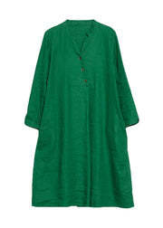 Simple Green V Neck Pockets Patchwork Linen Dress Fall
