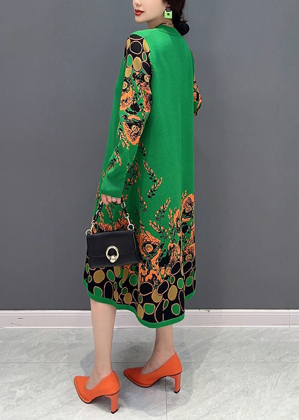 Simple Green V Neck Print Knit A Line Dress Spring