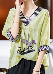 Simple Green V Neck Striped Embroidered Patchwork Cotton Blouses Summer