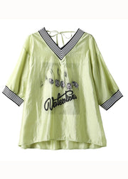 Simple Green V Neck Striped Embroidered Patchwork Cotton Blouses Summer