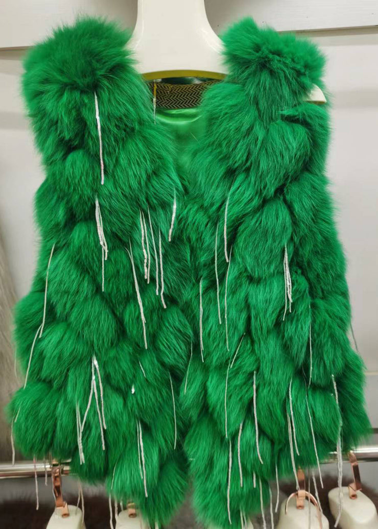Simple Green V Neck Tassel Leather And Fur Waistcoat Winter