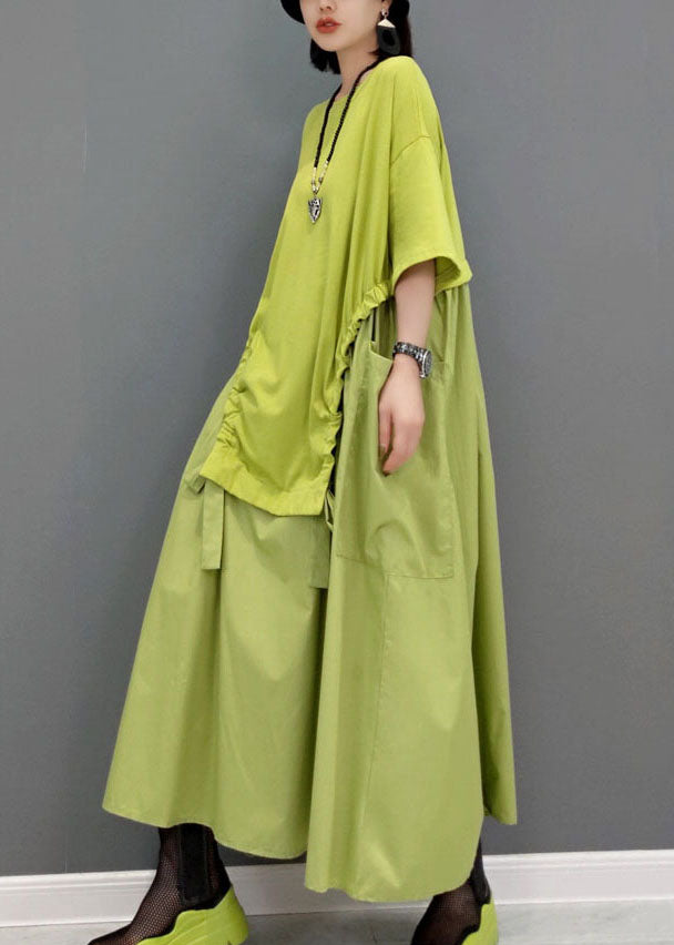 Einfache grüne Taschen Patchwork-Maxikleid mit O-Ausschnitt und kurzen Ärmeln