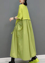 Simple Green pockets O-Neck Patchwork Maxi Dress Short Sleeve