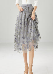 Simple Grey Embroidered Butterfly Tulle Skirt Fall
