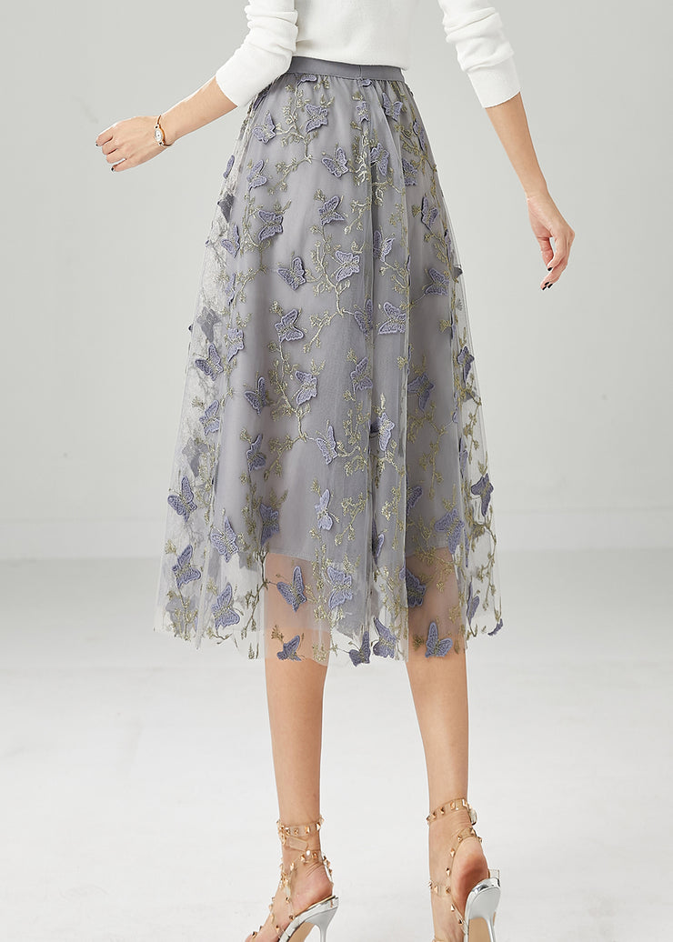 Simple Grey Embroidered Butterfly Tulle Skirt Fall