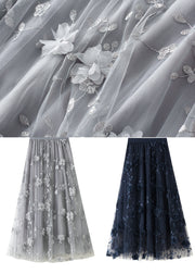 Simple Grey Embroidered Floral Elastic Waist Tulle A Line Skirts Spring