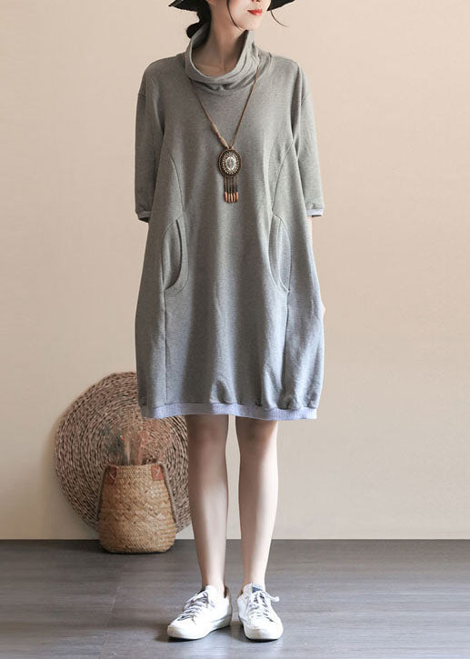 Simple Grey Hign Neck Pockets Patchwork Cotton Dress Summer