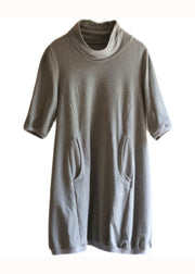 Simple Grey Hign Neck Pockets Patchwork Cotton Dress Summer