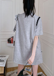 Simple Grey Notched Ruffled Patchwork Cotton Day Dress Summer