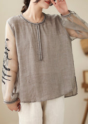 Simple Grey O-Neck Embroidered Linen Top Spring