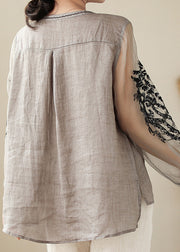 Simple Grey O-Neck Embroidered Linen Top Spring