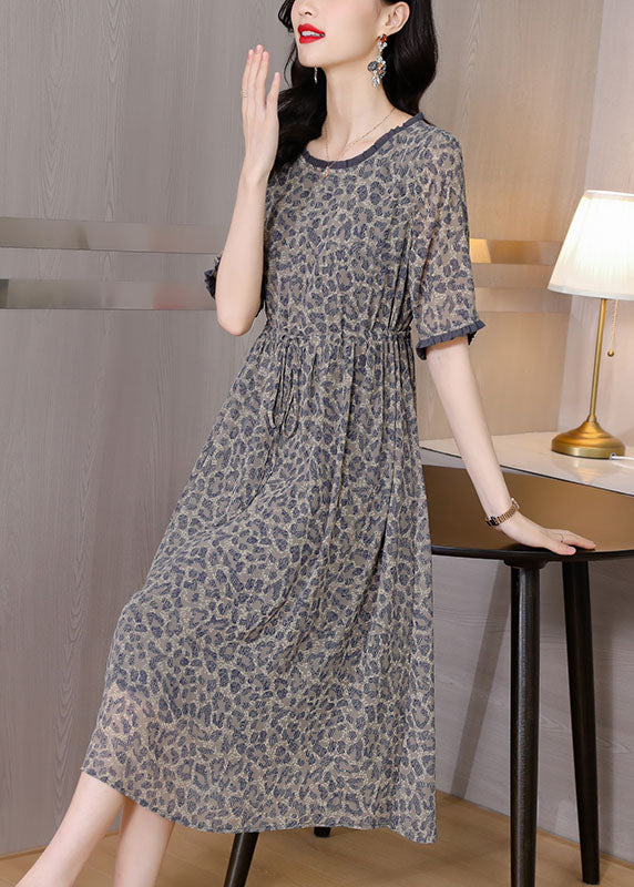 Simple Grey O-Neck Leopard Print Tie Waist Silk Cinch Dresses Short Sleeve