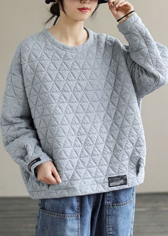 Simple Grey O-Neck Patchwork Fleece Sweatshirts Long Sleeve