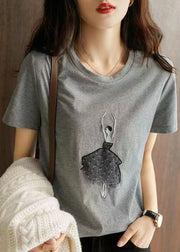Simple Grey O Neck Print Patchwork Cotton Top Short Sleeve