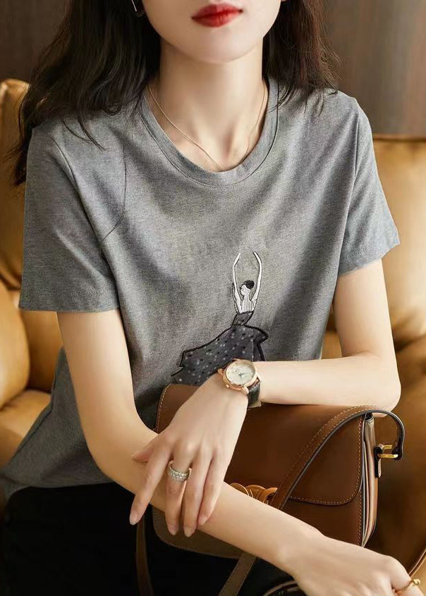Simple Grey O Neck Print Patchwork Cotton Top Short Sleeve