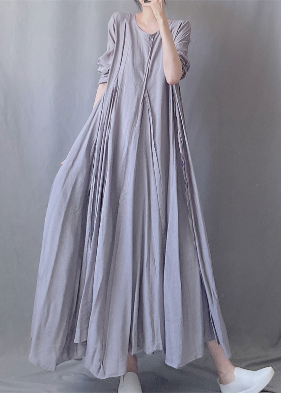 Simple Grey O Neck Wrinkled Patchwork Cotton Long Dresses Fall