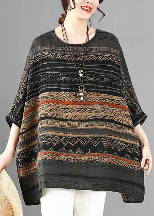 Simple Grey Oversized Striped Linen Top Batwing Sleeve