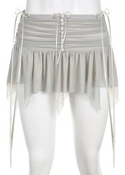 Simple Grey Tasseled Wrinkled Patchwork Tulle Skirt Summer