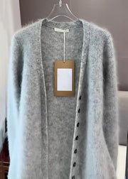 Simple Grey V Neck Button Cotton Knit Cardigans Long Sleeve
