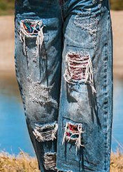 Simple Hole pant oversize denim blue Tutorials crop pants - SooLinen