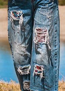 Simple Hole pant oversize denim blue Tutorials crop pants - SooLinen