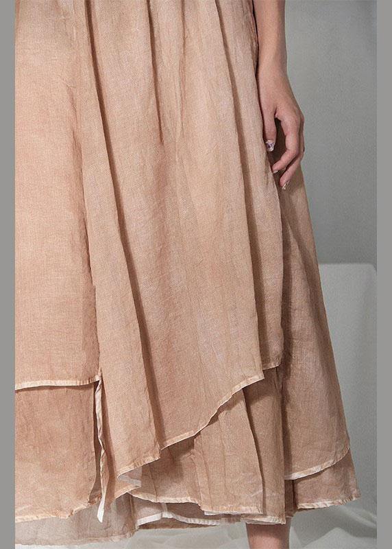 Simple Khaki Elastic Waist Asymmetrical design Skirt Cotton Linen - SooLinen