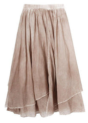 Simple Khaki Elastic Waist Asymmetrical design Skirt Cotton Linen - SooLinen