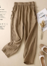 Simple Khaki Elastic Waist Oriental Button Solid Color Linen Harem Pants Trousers Summer
