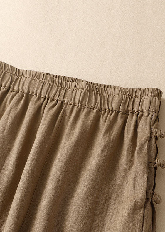 Simple Khaki Elastic Waist Oriental Button Solid Color Linen Harem Pants Trousers Summer