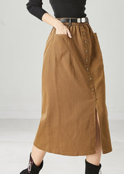 Simple Khaki Elastic Waist Side Open Cotton Skirts Spring