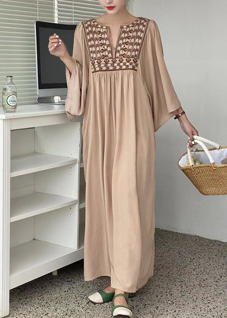 Simple Khaki Embroidered Oversized Cotton Vacation Dresses Batwing Sleeve