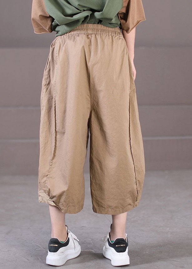 Simple Khaki High Waist Pockets Patchwork Cotton Crop Pants Summer