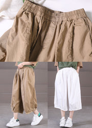 Simple Khaki High Waist Pockets Patchwork Cotton Crop Pants Summer