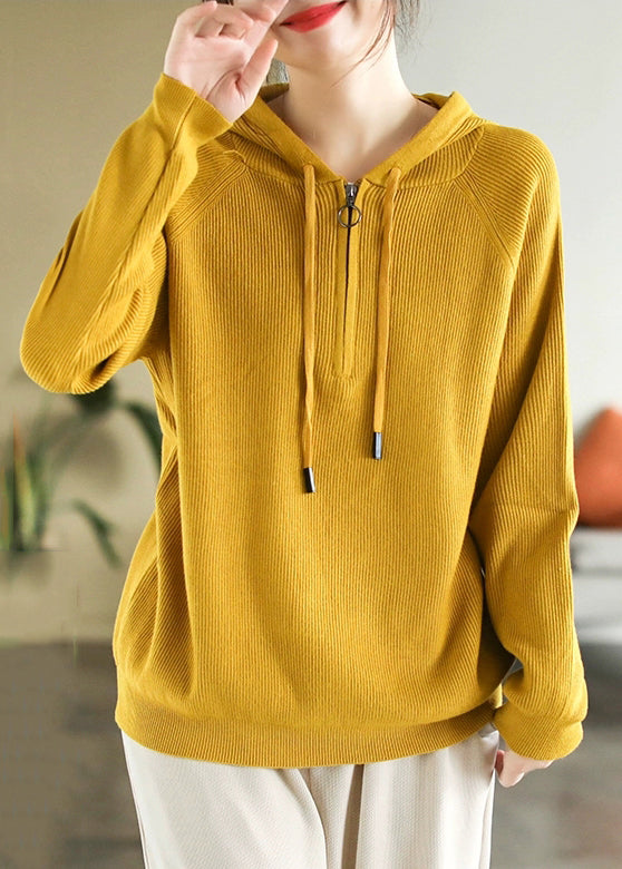 Simple Yellow Hooded Zippered Cotton Knit Top Spring
