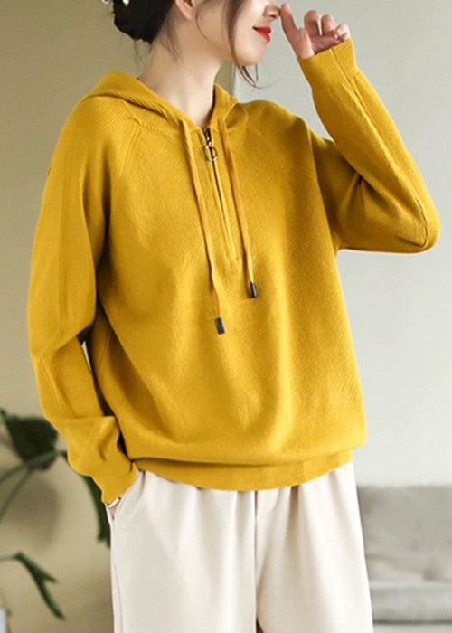 Simple Yellow Hooded Zippered Cotton Knit Top Spring