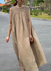 Einfache khakifarbene lange Kleider aus Baumwolle mit O-Ausschnitt, ärmellos