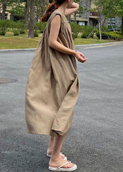 Einfache khakifarbene lange Kleider aus Baumwolle mit O-Ausschnitt, ärmellos