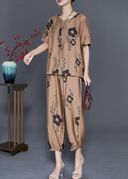 Simple Khaki Oversized Floral Linen 2 Piece Outfit Set Summer