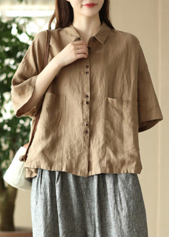 Simple Khaki Patchwork Button Solid Linen Shirts Half Sleeve