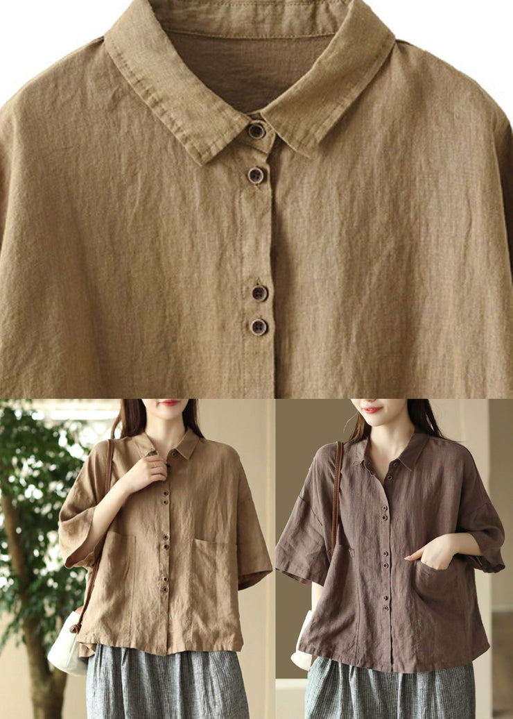 Simple Khaki Patchwork Button Solid Linen Shirts Half Sleeve