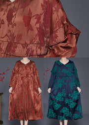 Simple Khaki Ruffled Patchwork Silk Holiday Dress Fall