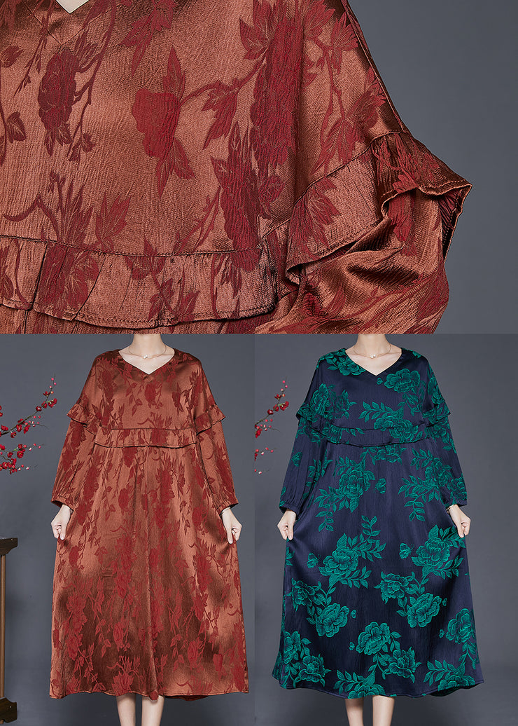Simple Khaki Ruffled Patchwork Silk Holiday Dress Fall