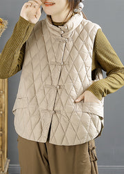 Simple Khaki Stand Collar Chinese Button Duck Down Puffers Vests Winter