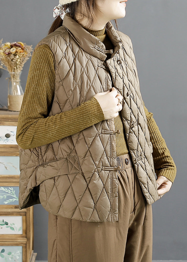 Simple Khaki Stand Collar Chinese Button Duck Down Puffers Vests Winter