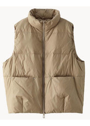 Simple Khaki Stand Collar Zip Up Pockets Duck Down Down Vest Winter