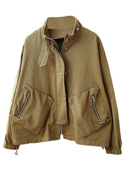 Simple Khaki Stand Collar Zippered Pockets Button Fall Jacket Long Sleeve